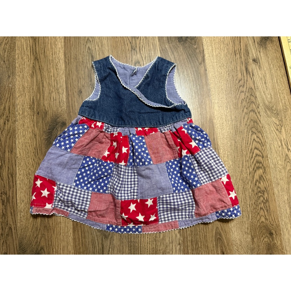 Unbranded Dress Girls Size 12M Blue Red White Patchwork Denim Stars Sleeveless